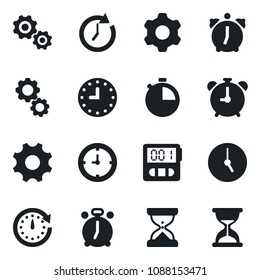 Set of vector isolated black icon - alarm clock vector, settings, stopwatch, gear, sand