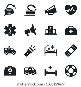 Set of vector isolated black icon - hose vector, heart pulse, doctor case, patch, ambulance star, car, hospital bed, loudspeaker, torch, crisis management