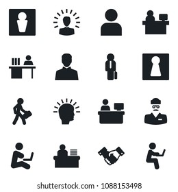 Set of vector isolated black icon - male vector, female, handshake, manager place, doctor, user, desk, shining head, man with notebook