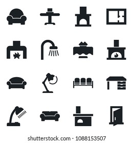 Set of vector isolated black icon - waiting area vector, desk, fireplace, lamp, plan, bathroom, cushioned furniture, restaurant table, door