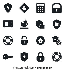 Set of vector isolated black icon - safe vector, lock, flammable, protect, key, estate insurance, home, combination, crisis management