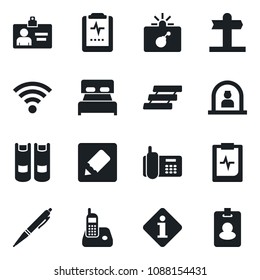Set of vector isolated black icon - bomb in case vector, reception, identity card, book, pulse clipboard, signpost, office phone, radio, notes, wireless, paper tray, pen, bedroom, information, pass