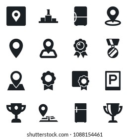 Set of vector isolated black icon - parking vector, medal, navigation, pin, place tag, sertificate, fridge, pedestal, award cup