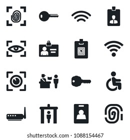Set of vector isolated black icon - passport control vector, security gate, identity card, disabled, wireless, key, fingerprint, router, eye scan