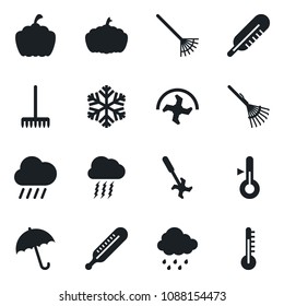 Set of vector isolated black icon - umbrella vector, storm cloud, ripper, rake, rain, pumpkin, thermometer, snowflake