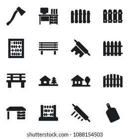 Set of vector isolated black icon - abacus vector, desk, fence, axe, bench, house with tree, rolling pin, cutting board