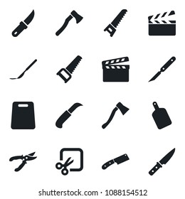 Set of vector isolated black icon - pruner vector, saw, garden knife, axe, scalpel, clapboard, cut, cutting board