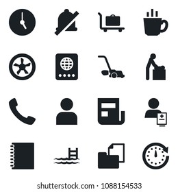 Set of vector isolated black icon - baggage trolley vector, baby room, passport, lawn mower, patient, folder document, call, user, clock, mute, copybook, news, pool, coffee, fan
