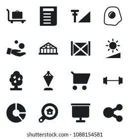 Set of vector isolated black icon - baggage trolley vector, pennant, document, circle chart, greenhouse, barbell, container, brightness, cellular signal, presentation board, fruit tree, omelette