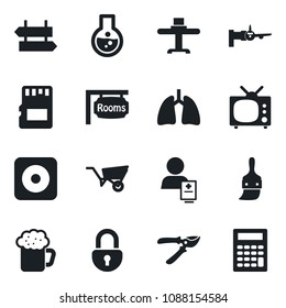 Set of vector isolated black icon - signpost vector, boarding, wheelbarrow, pruner, lungs, patient, rec button, themes, sd, lock, rooms, tv, restaurant table, beer, flask, calculator