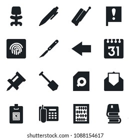 Set of vector isolated black icon - suitcase vector, left arrow, office chair, abacus, pen, job, scalpel, important flag, mail, calendar, fingerprint id, drawing pin, document search, identity card