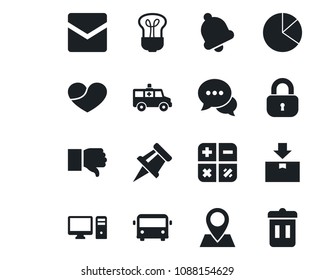 Set of vector isolated black icon - airport bus vector, calculator, ambulance car, pin, package, dialog, finger down, heart, bell, mail, drawing, pie graph, lock, pc, bulb, trash bin