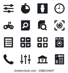 Set of vector isolated black icon - male vector, washer, calculator, document search, gamepad, call, tuning, stopwatch, eye id, application, clock, abacus, garage gate control, combination lock