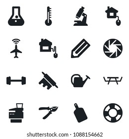 Set of vector isolated black icon - plane radar vector, pencil, watering can, pruner, picnic table, microscope, barbell, mobile camera, copier, rolling pin, cutting board, home control, thermometer