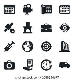 Set of vector isolated black icon - office building vector, document, fireplace, syringe, satellite, camera, video, eye id, calendar, case, phone, target, clock, earth, car