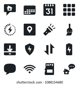Set of vector isolated black icon - term vector, menu, message, protect, themes, sd, calendar, data exchange, download, torch, place tag, charge, wireless, home