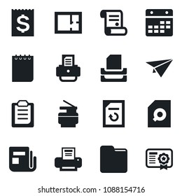Set of vector isolated black icon - notepad vector, document reload, printer, contract, receipt, news, folder, calendar, clipboard, search, paper tray, copier, plan, plane, certificate
