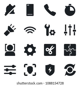 Set of vector isolated black icon - phone back vector, call, protect, settings, tuning, stopwatch, wireless, torch, mute, cut, face id, application, root setup, update