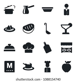 Set of vector isolated black icon - waiter vector, cook, serviette, hat, menu, reception, cocktail, alcove, chicken, steak, ladle, bowl, cutting board, steaming pan, turkish coffee, apple fruit