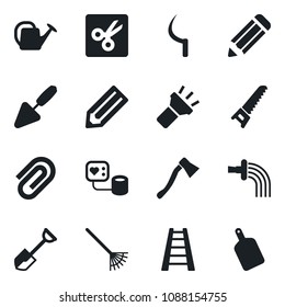 Set of vector isolated black icon - pencil vector, trowel, shovel, rake, ladder, watering can, saw, sickle, axe, blood pressure, torch, cut, paper clip, cutting board