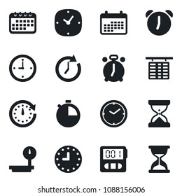 Set of vector isolated black icon - alarm clock vector, flight table, heavy scales, stopwatch, calendar, sand