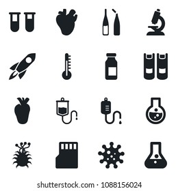Set of vector isolated black icon - book vector, blood test vial, dropper, microscope, ampoule, real heart, virus, sd, thermometer, rocket, flask