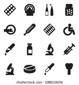 Set of vector isolated black icon - disabled vector, syringe, dropper, thermometer, microscope, pills, bottle, blister, ampoule, tomography, implant