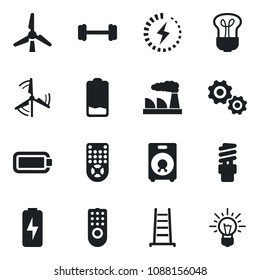 Set of vector isolated black icon - factory vector, ladder, barbell, remote control, speaker, low battery, charge, windmill, bulb, energy saving, gear, idea