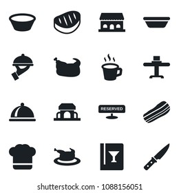 Set of vector isolated black icon - coffee vector, dish, restaurant table, cook hat, wine card, reserved, bacon, waiter, cafe building, chicken, steak, bowl, knife