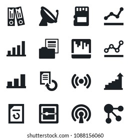 Set of vector isolated black icon - satellite antenna vector, growth statistic, office binder, document reload, scanner, sd, bar graph, folder, point, wireless, social media