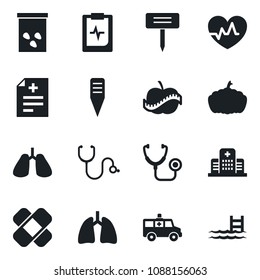 Set of vector isolated black icon - plant label vector, pumpkin, seeds, heart pulse, diagnosis, stethoscope, patch, ambulance car, lungs, clipboard, diet, hospital, pool