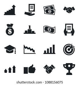 Set of vector isolated black icon - handshake vector, growth statistic, graduate, document, cash, finger up, bar graph, target, arrow, money bag, crisis, pedestal, award cup