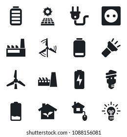 Set of vector isolated black icon - battery vector, low, torch, charge, sun panel, windmill, factory, home control, eco house, socket, power plug, energy saving bulb, idea