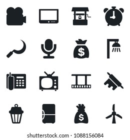 Set of vector isolated black icon - alarm clock vector, money bag, well, sickle, film frame, tv, video camera, microphone, office phone, rolling pin, outdoor lamp, fridge, windmill