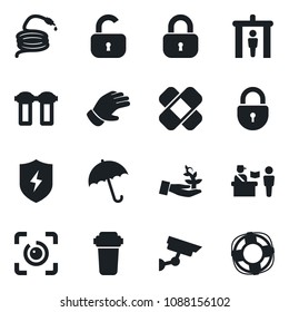 Set of vector isolated black icon - passport control vector, security gate, umbrella, lock, glove, hose, patch, protect, eye id, water filter, surveillance, palm sproute, crisis management