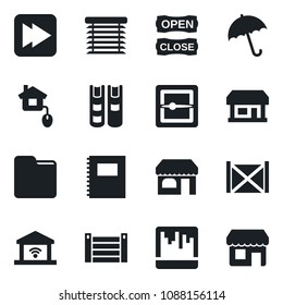 Set of vector isolated black icon - umbrella vector, shop, store, container, fast forward, scanner, folder, copybook, book, open close, home control, jalousie, garage gate, storefront