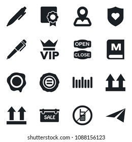 Set of vector isolated black icon - no mobile vector, vip, pen, stamp, heart shield, navigation, up side sign, barcode, sertificate, sale, menu, open close, paper plane