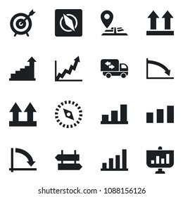 Set of vector isolated black icon - signpost vector, growth statistic, crisis graph, navigation, up side sign, sorting, compass, bar, moving, target, presentation