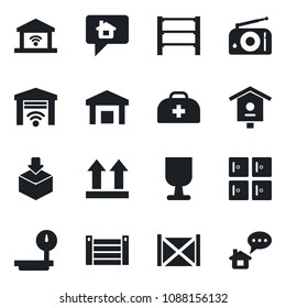 Set of vector isolated black icon - checkroom vector, bird house, doctor case, container, fragile, up side sign, warehouse, package, heavy scales, rack, radio, garage gate control, home message