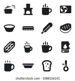 Set of vector isolated black icon - hot cup vector, fireplace, thermometer, coffee, air conditioner, bread, steak, dog, bowl, steaming pan, water heater