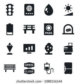 Set of vector isolated black icon - ticket office vector, passport, pennant, statistic monitor, water drop, bench, dropper, traffic light, low battery, brightness, copier, fruit tree, open close