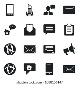 Set of vector isolated black icon - mail vector, office phone, loudspeaker, network, cell, speaker, mobile, message, clipboard, home, schedule