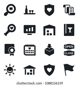 Set of vector isolated black icon - contract vector, statistic monitor, heart diagnostic, shield, medical calendar, warehouse, package, search cargo, sertificate, alcohol, wine card, open close