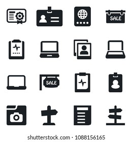 Set of vector isolated black icon - passport vector, identity, document, pulse clipboard, laptop pc, photo gallery, notebook, sale, pass card, certificate, guidepost