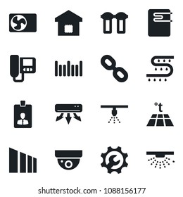 Set of vector isolated black icon - identity card vector, drip irrigation, sorting, barcode, chain, root setup, air conditioner, smart home, water heater, intercome, filter, warm floor, surveillance