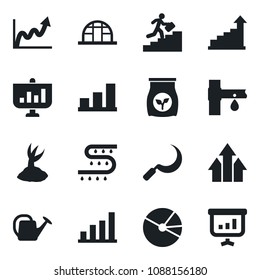 Set of vector isolated black icon - growth statistic vector, watering can, sproute, sickle, greenhouse, fertilizer, drip irrigation, bar graph, pie, career ladder, arrow up, presentation