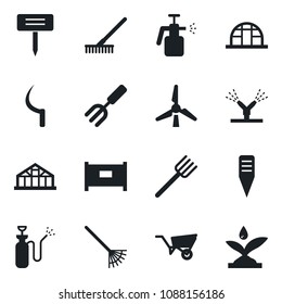 Set of vector isolated black icon - fence vector, garden fork, farm, rake, wheelbarrow, sickle, plant label, greenhouse, sprayer, windmill, irrigation