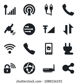 Set of vector isolated black icon - satellite vector, rca, call, network, data exchange, cellular signal, wireless, power plug, lock, router, home control app, social media