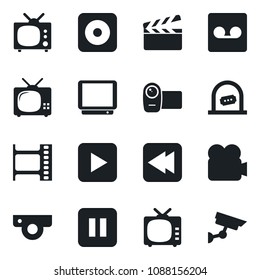 Set of vector isolated black icon - ticket office vector, clapboard, film frame, tv, video camera, play button, pause, rewind, rec, record, web, surveillance