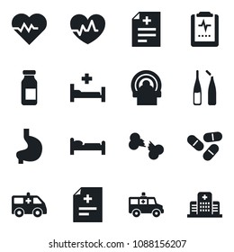 Set of vector isolated black icon - bed vector, heart pulse, diagnosis, pills, ampoule, tomography, ambulance car, hospital, stomach, broken bone, clipboard